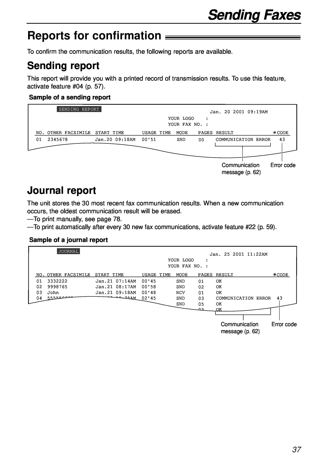 Panasonic KX-FL501NZ Reports for confirmation, Sending report, Journal report, Sending Faxes, Sample of a sending report 