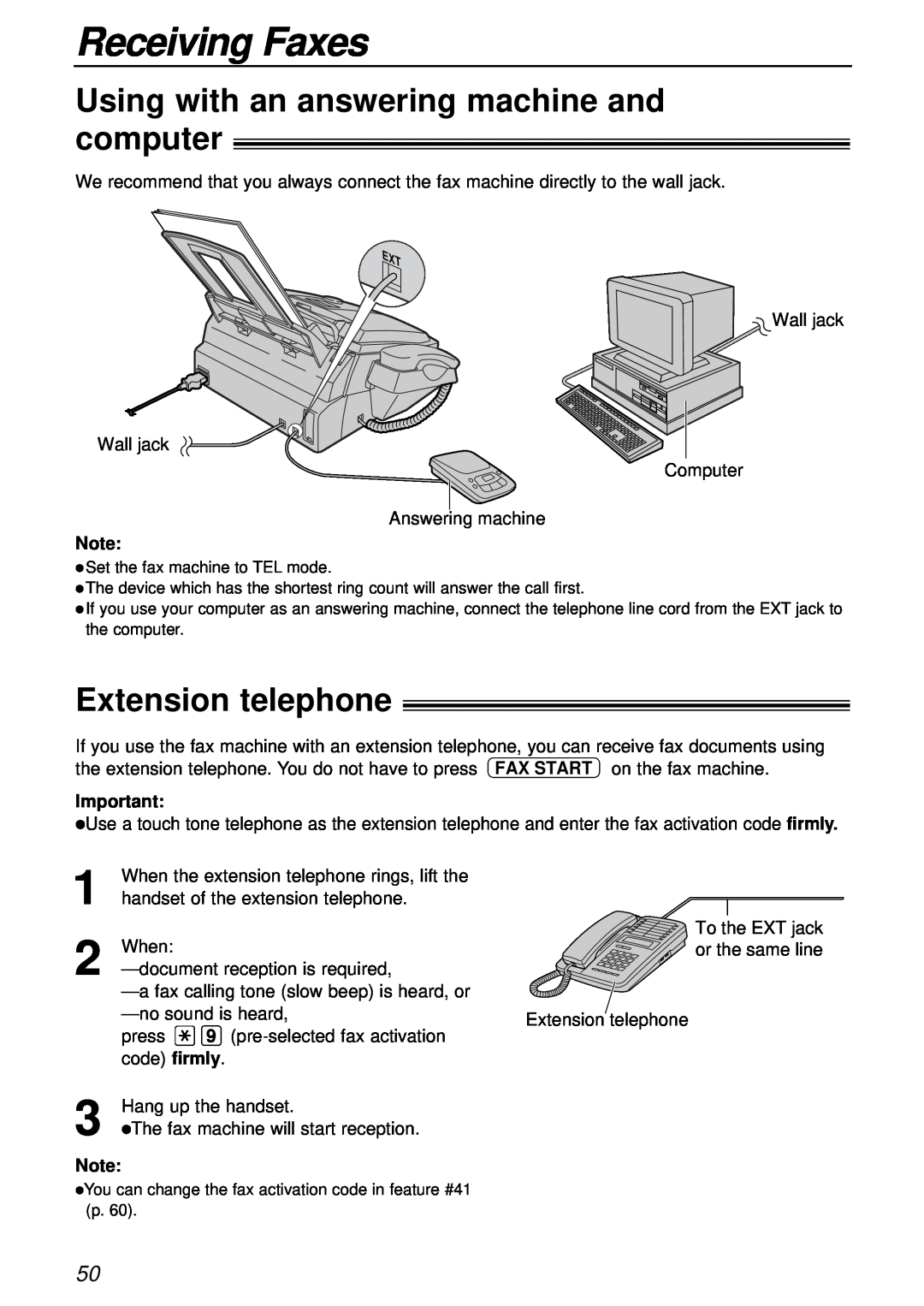 Panasonic KX-FL501AL, KX-FL501NZ manual Using with an answering machine and computer, Extension telephone, Receiving Faxes 