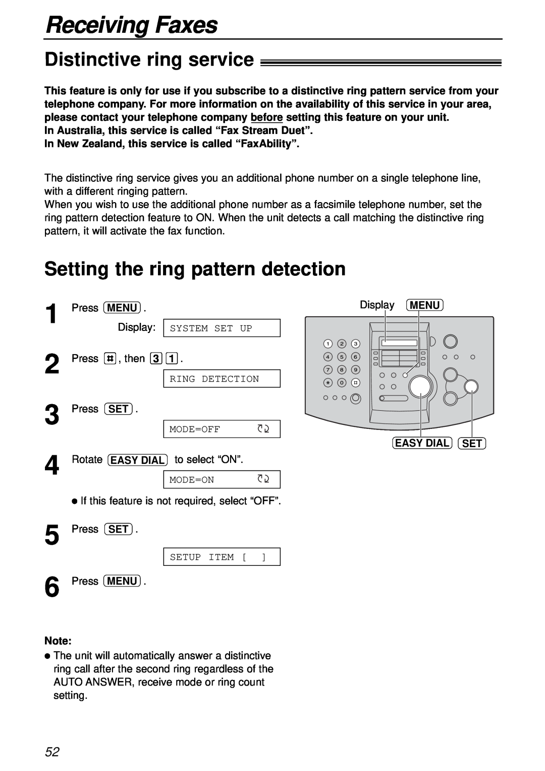 Panasonic KX-FL501AL manual Distinctive ring service, Setting the ring pattern detection, Receiving Faxes, Menu, Easy Dial 