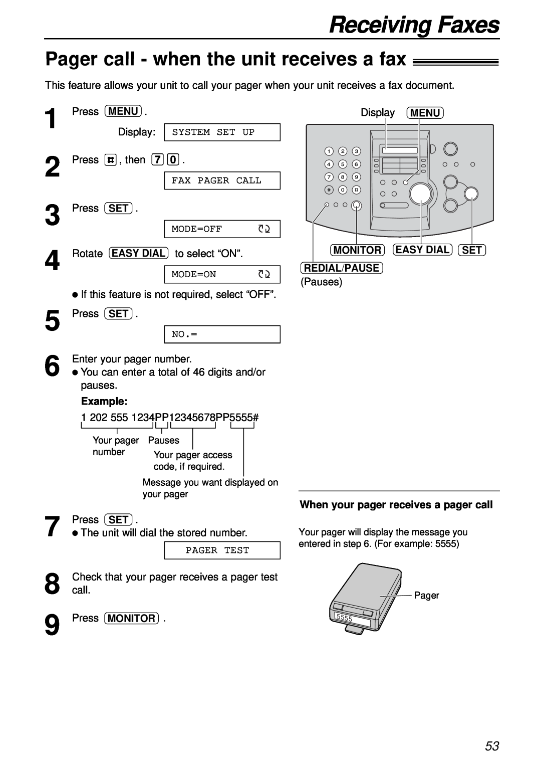 Panasonic KX-FL501NZ manual Pager call - when the unit receives a fax, Receiving Faxes, Display, Menu, Monitor, Easy Dial 