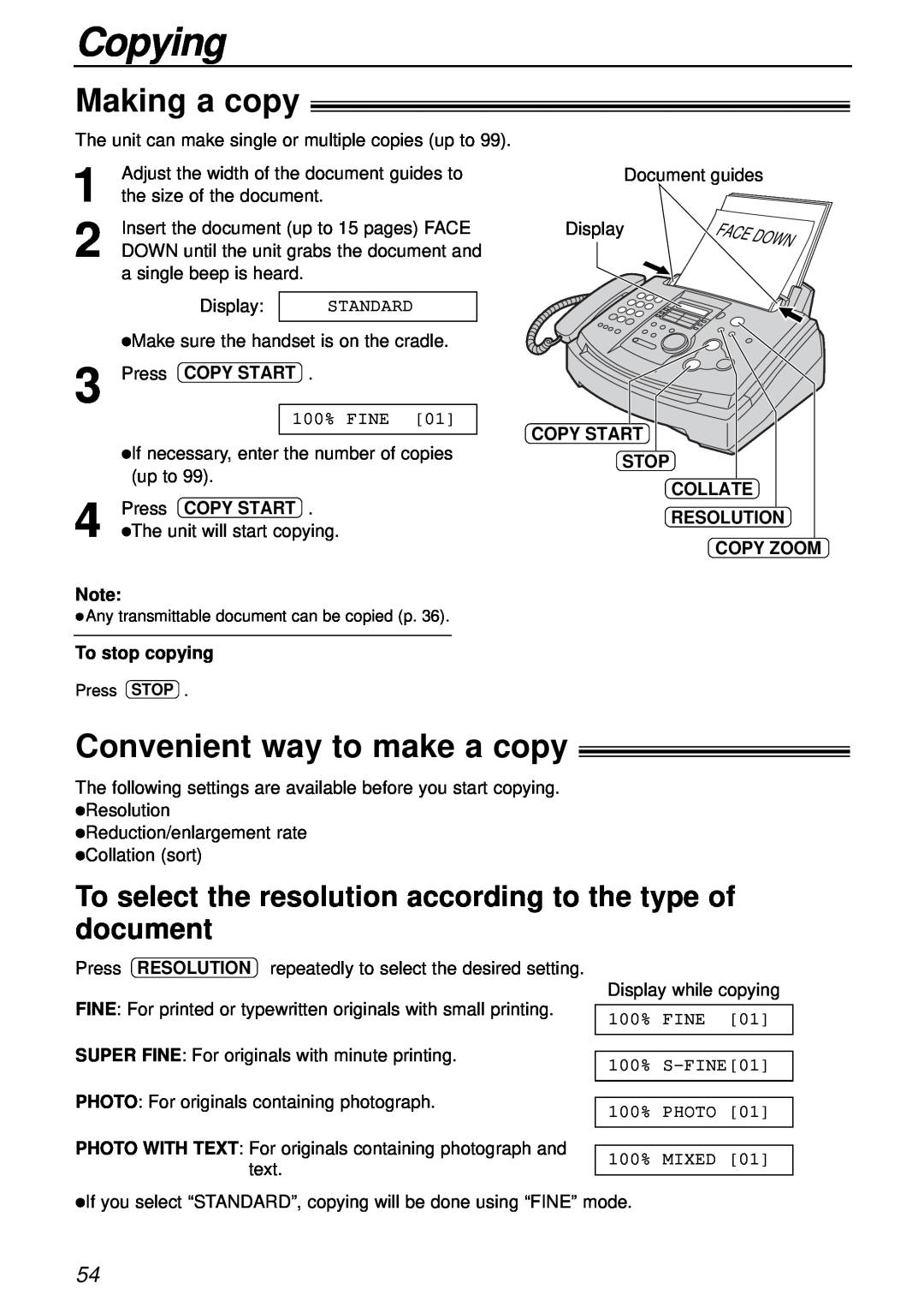 Panasonic KX-FL501AL, KX-FL501NZ Copying, Making a copy, Convenient way to make a copy, Press COPY START, To stop copying 