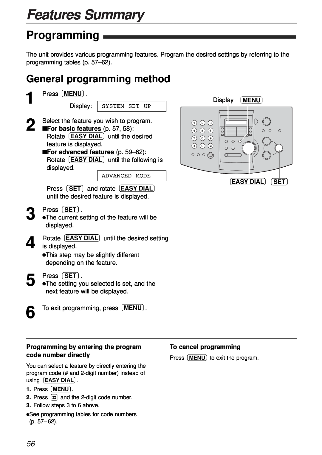 Panasonic KX-FL501AL, KX-FL501NZ Features Summary, Programming, General programming method, Menu, For basic features p. 57 