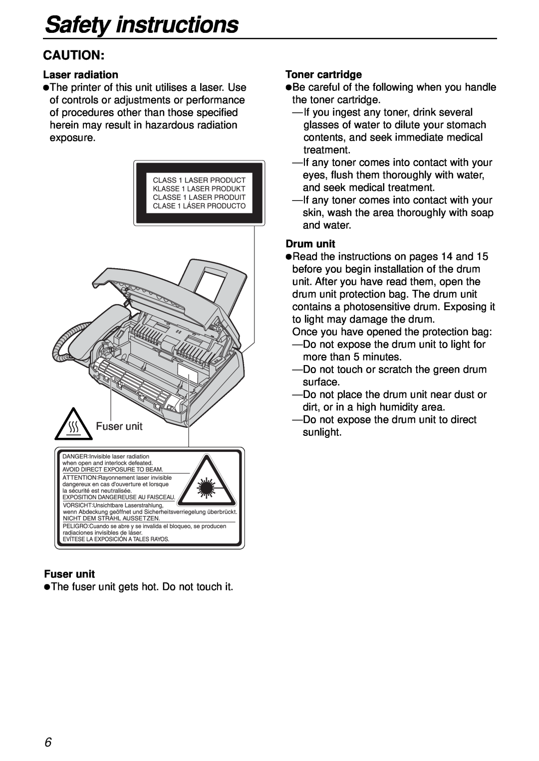 Panasonic KX-FL501AL, KX-FL501NZ manual Safety instructions, Laser radiation, Fuser unit, Toner cartridge, Drum unit 