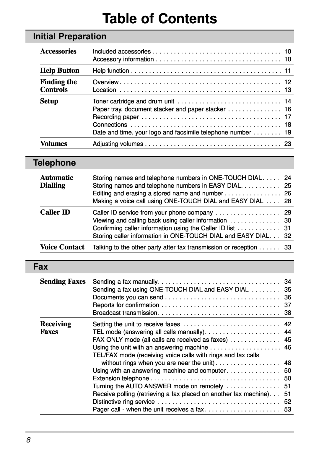 Panasonic KX-FL501AL, KX-FL501NZ manual Initial Preparation, Telephone, Table of Contents 
