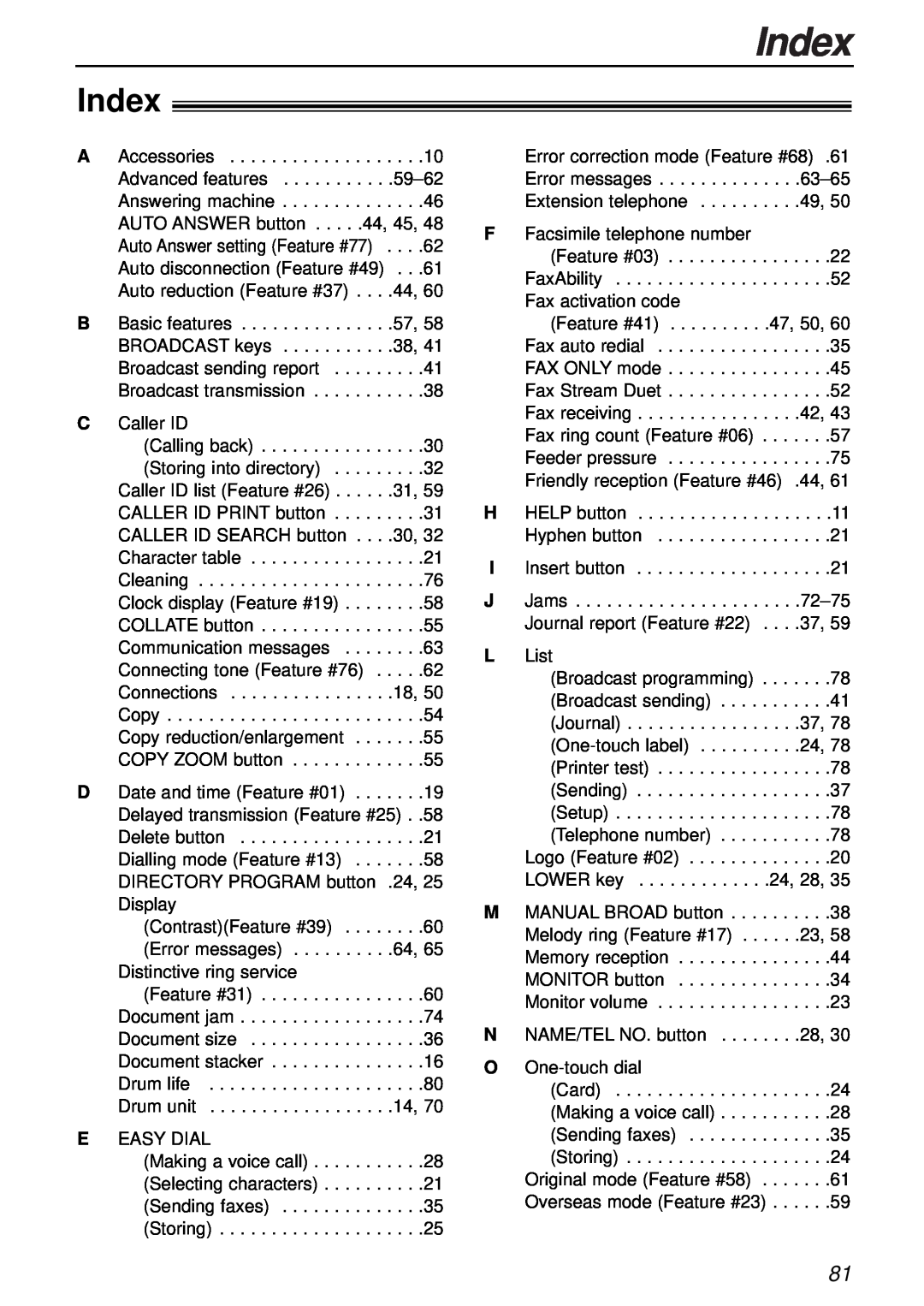 Panasonic KX-FL501NZ, KX-FL501AL manual Index 
