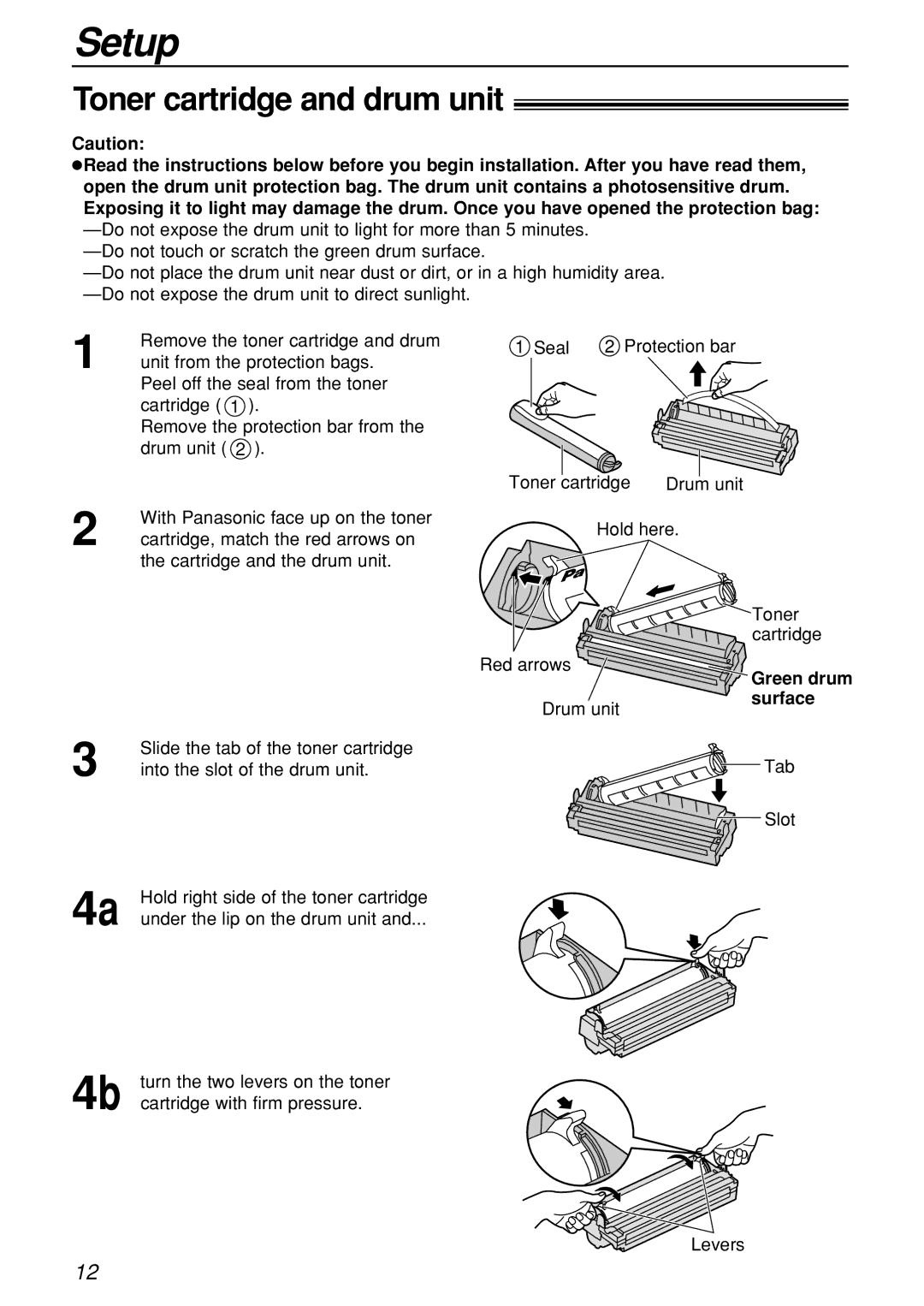 Panasonic KX-FL501C manual Setup, Toner cartridge and drum unit, Green drum surface 