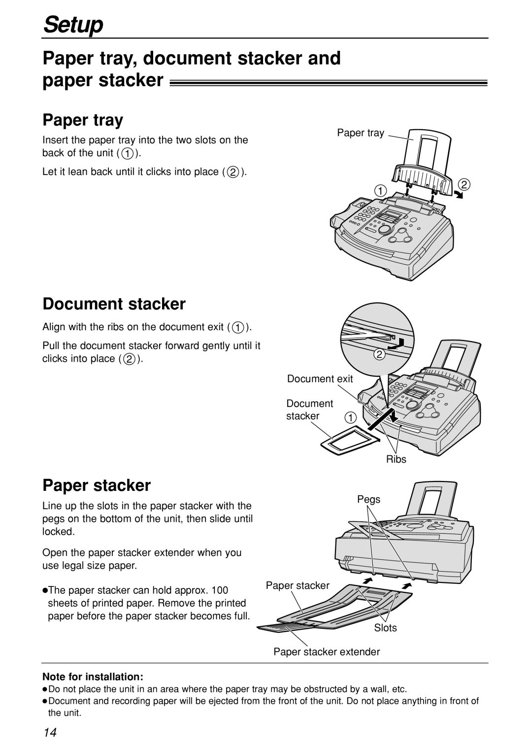 Panasonic KX-FL501C manual Paper tray, document stacker and paper stacker, Document stacker, Paper stacker 