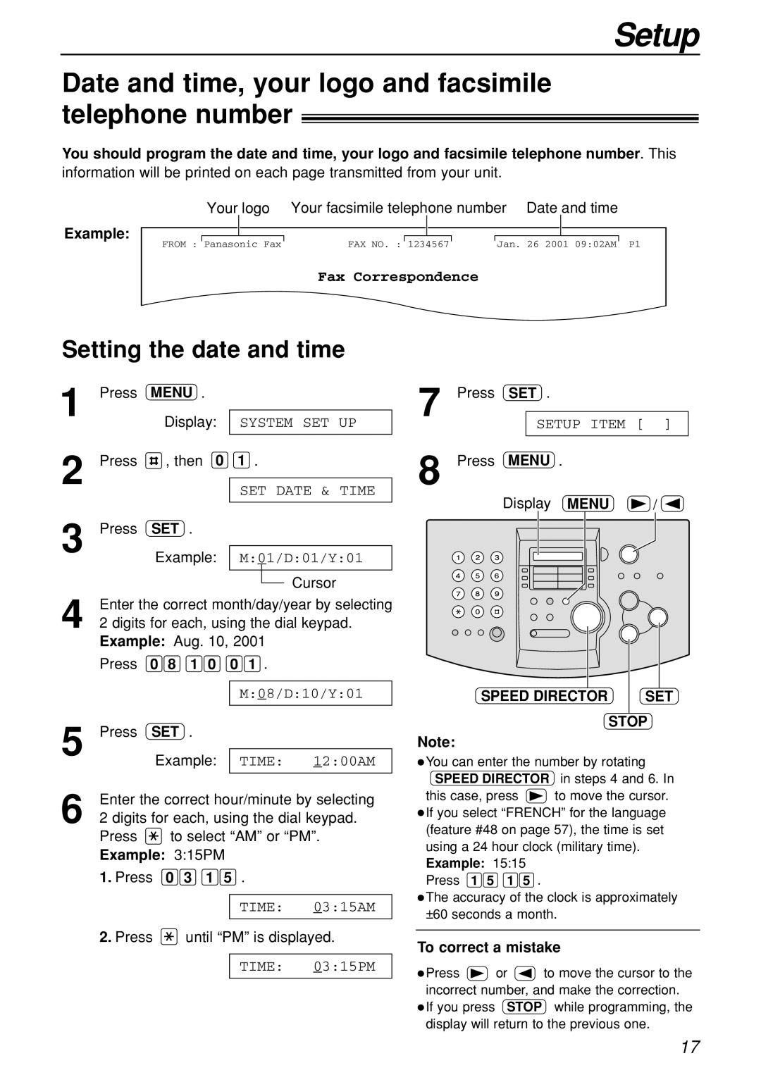 Panasonic KX-FL501C manual Date and time, your logo and facsimile telephone number, Setting the date and time, Menu 