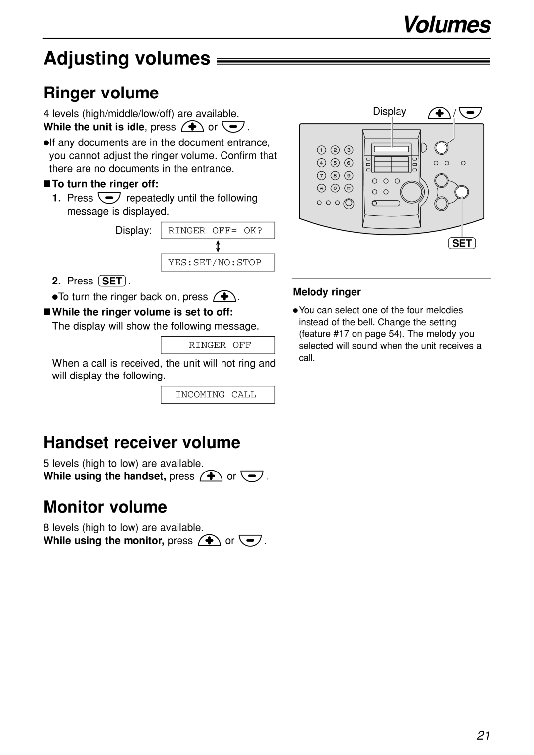 Panasonic KX-FL501C manual Volumes, Adjusting volumes, Ringer volume, Handset receiver volume, Monitor volume 