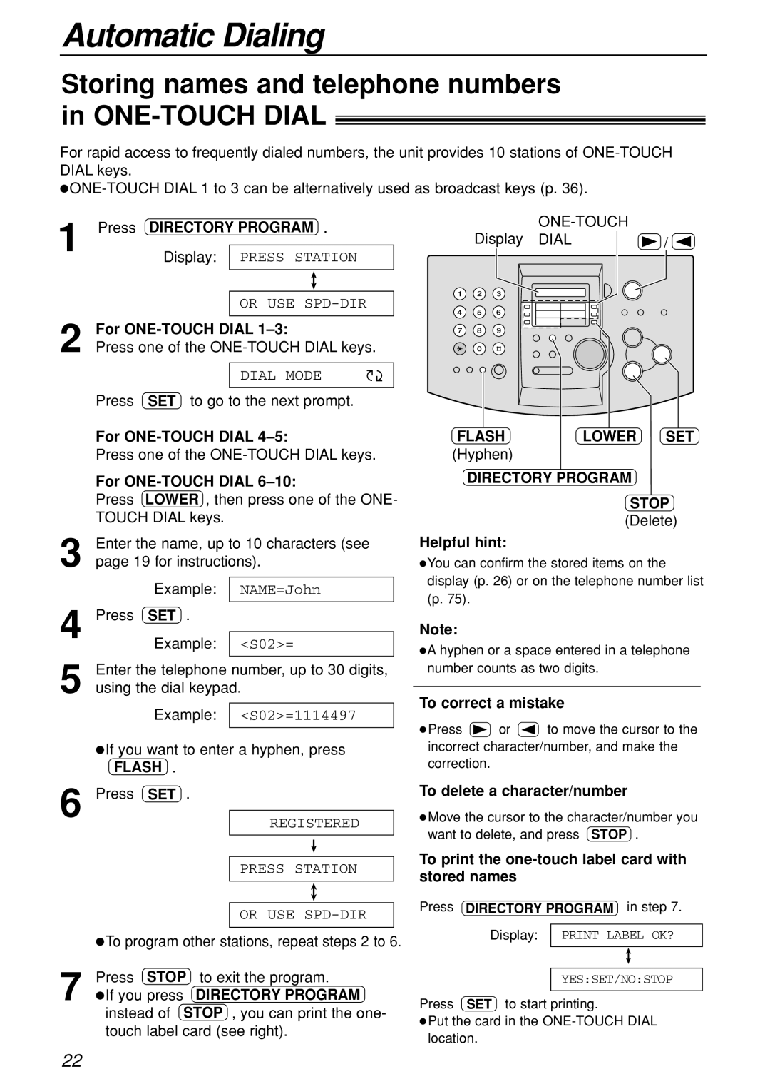 Panasonic KX-FL501C manual Automatic Dialing, Storing names and telephone numbers in ONE-TOUCH Dial, Directory Program 