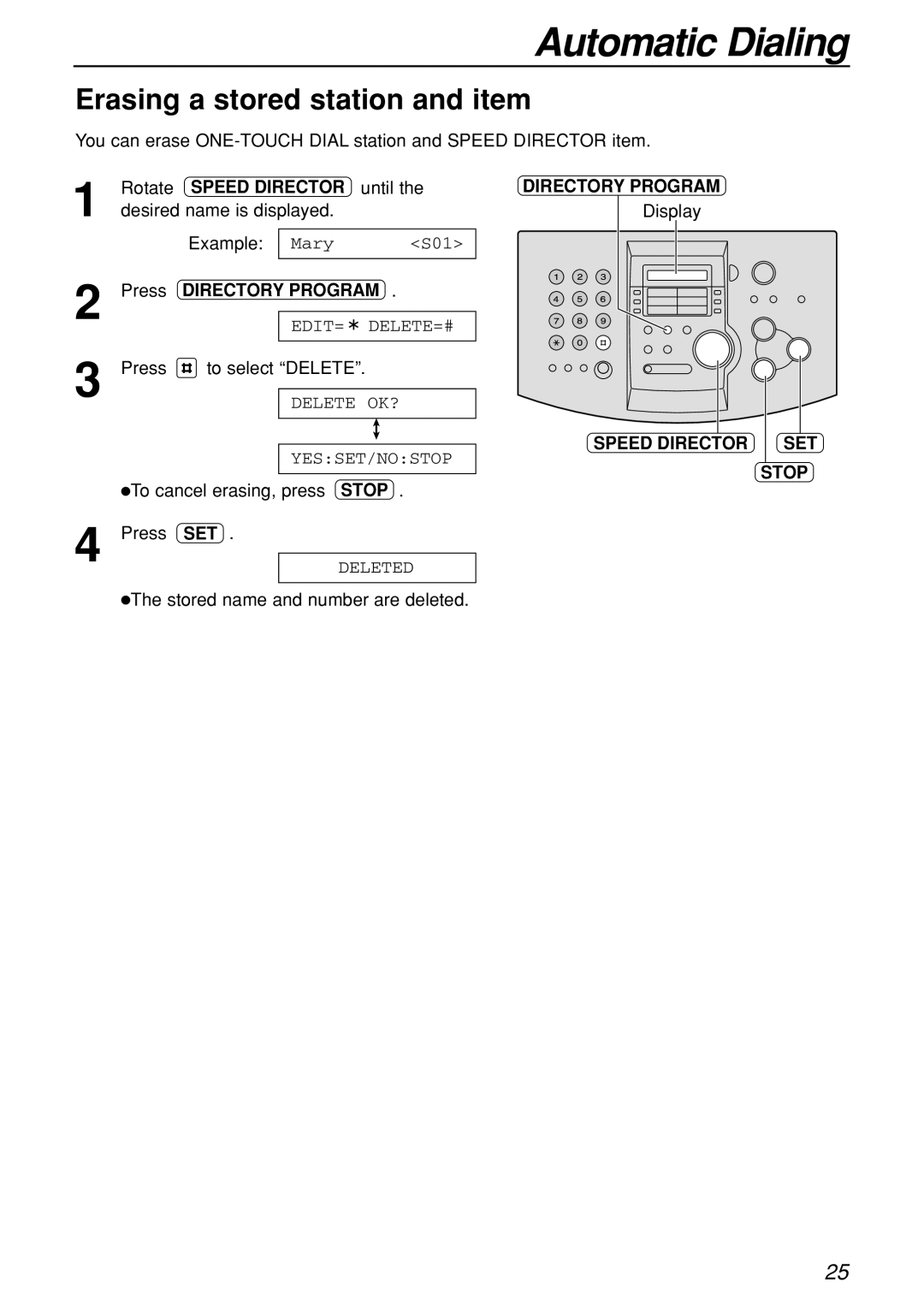 Panasonic KX-FL501C manual Erasing a stored station and item, Delete OK? YESSET/NOSTOP, Deleted 