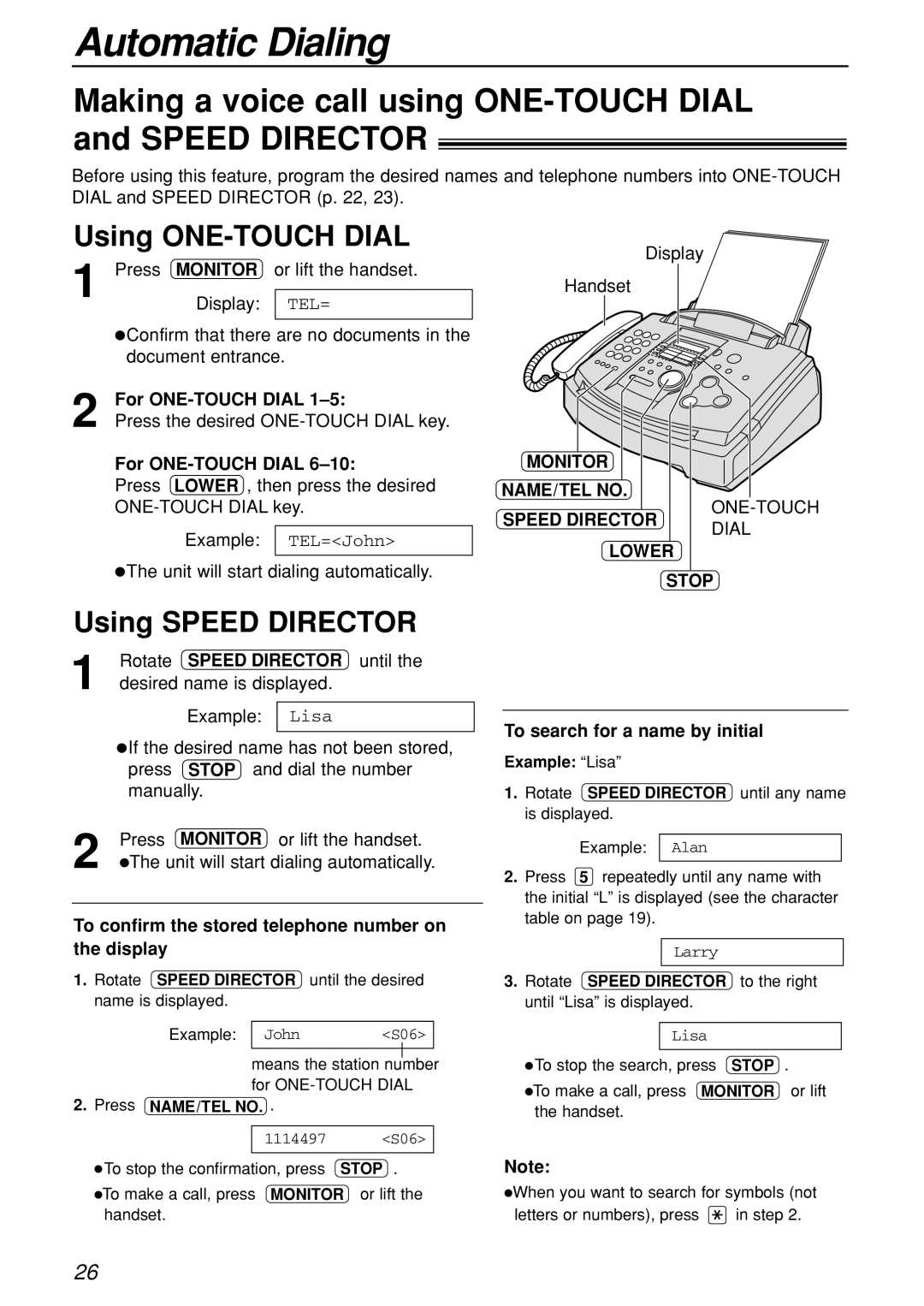 Panasonic KX-FL501C Making a voice call using ONE-TOUCH Dial and Speed Director, Using ONE-TOUCH Dial, Monitor NAME/TEL no 