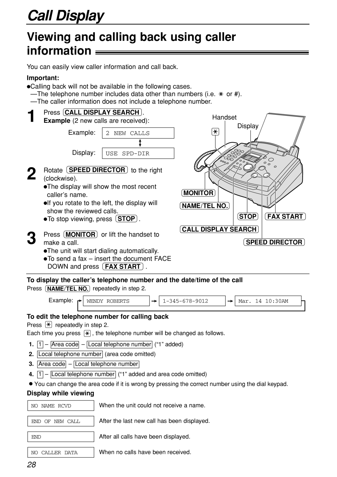 Panasonic KX-FL501C manual Viewing and calling back using caller information, Monitor, Call Display Search 