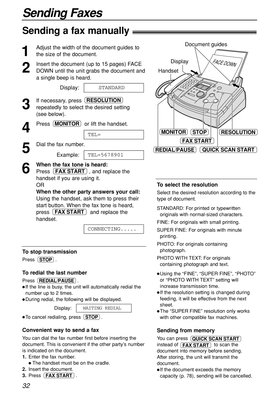 Panasonic KX-FL501C Sending Faxes, Sending a fax manually, Resolution, FAX Start 