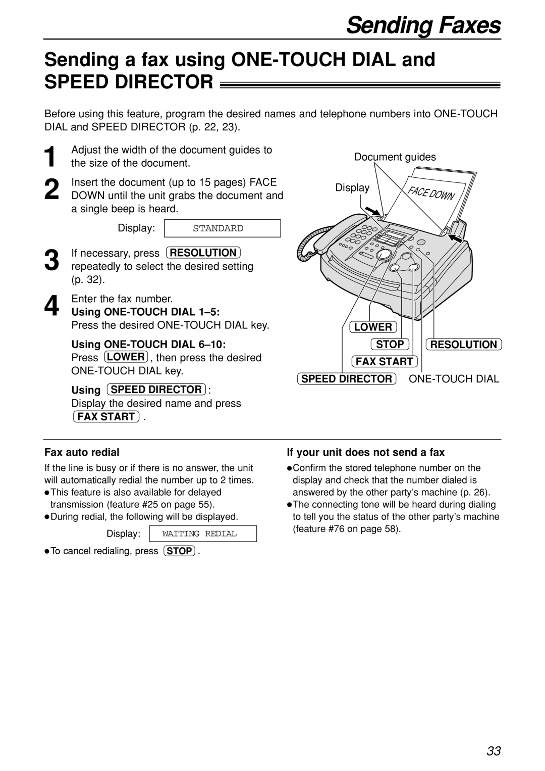 Panasonic KX-FL501C manual Sending a fax using ONE-TOUCH Dial, Using ONE-TOUCH Dial, Using Speed Director, Fax auto redial 