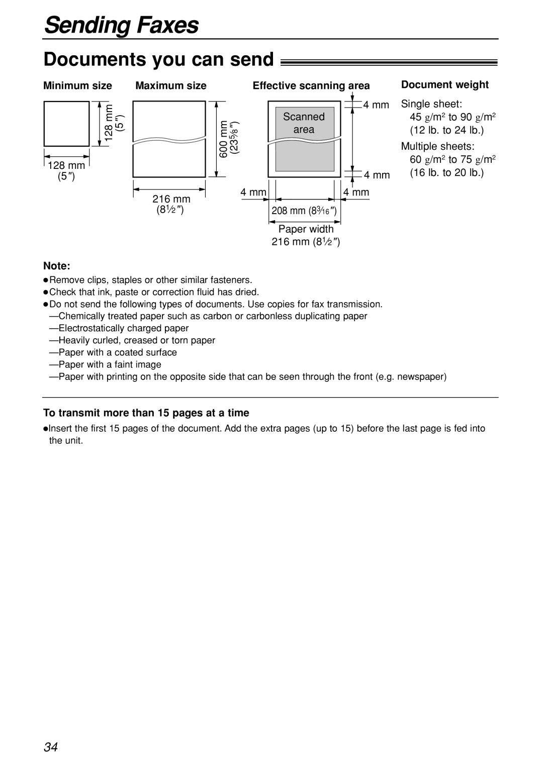 Panasonic KX-FL501C manual Documents you can send, Maximum size, Effective scanning area, Document weight 