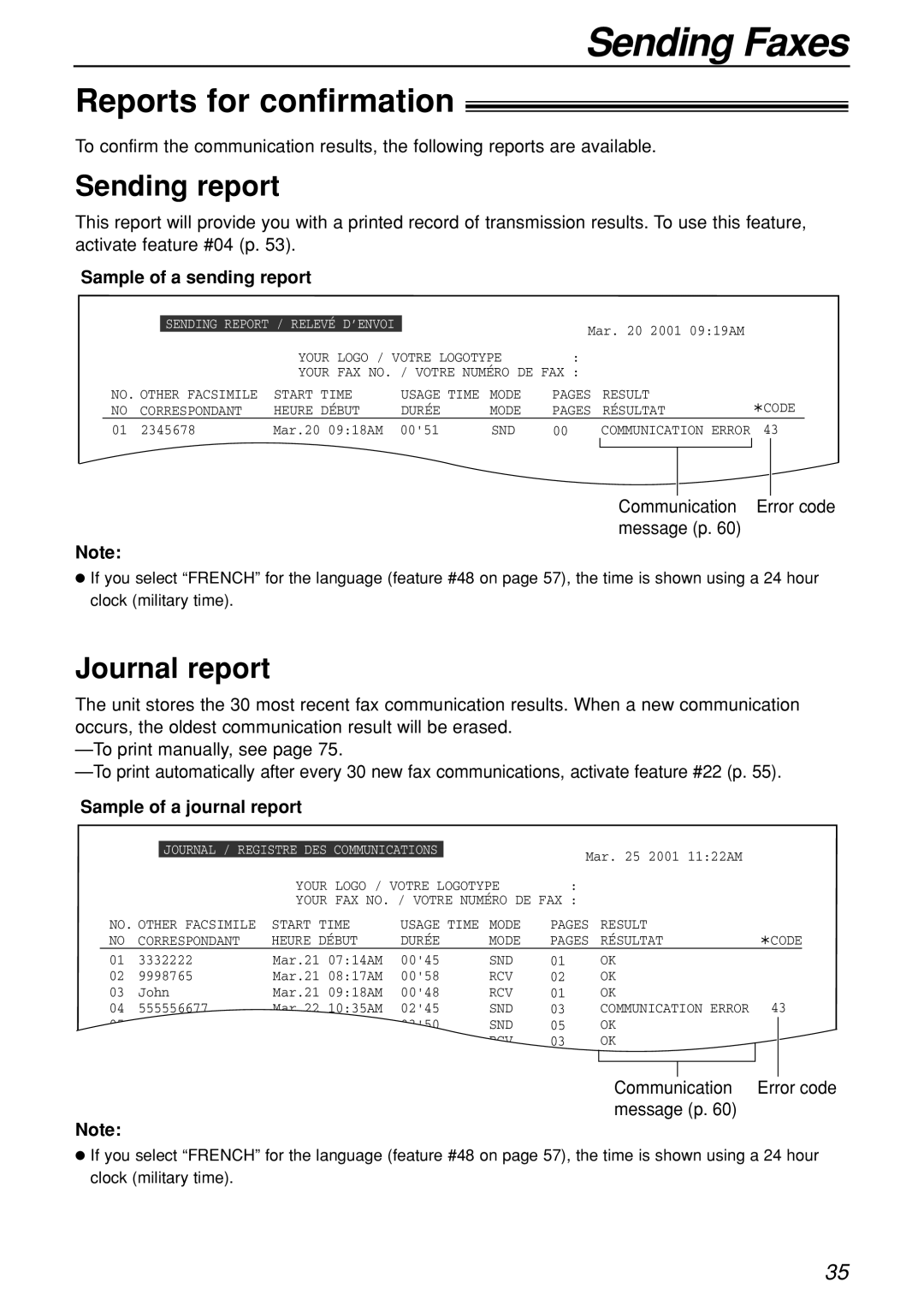 Panasonic KX-FL501C manual Reports for confirmation, Sending report, Journal report, Sample of a sending report 