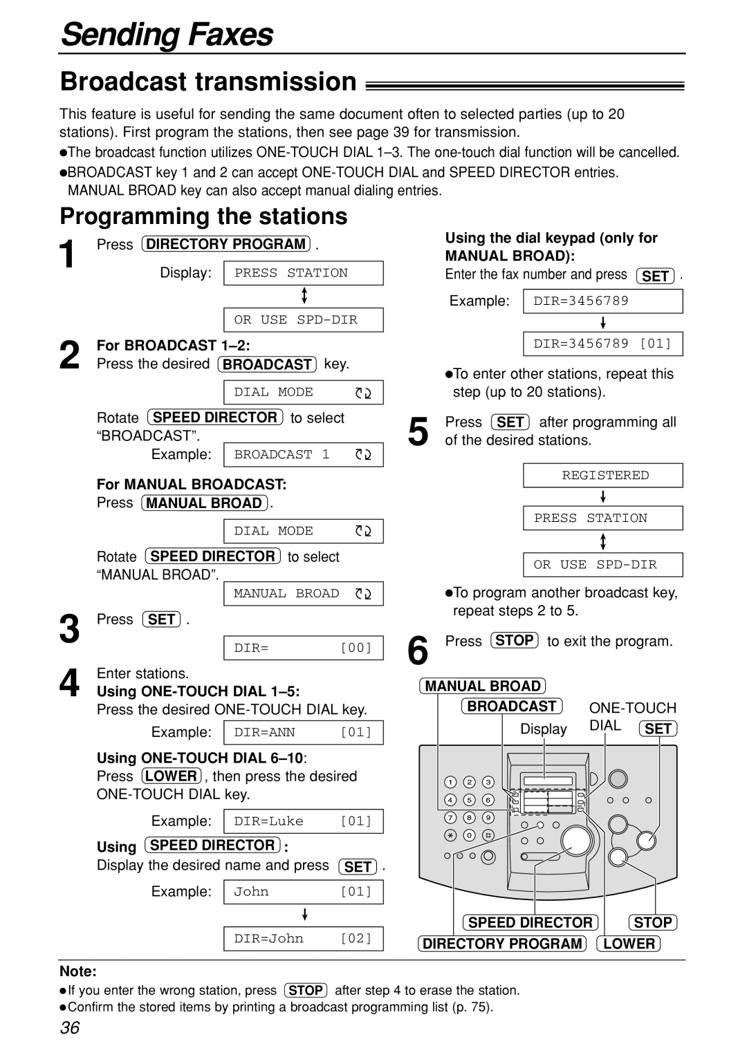 Panasonic KX-FL501C manual Broadcast transmission, Programming the stations, Manual Broad Broadcast ONE-TOUCH 