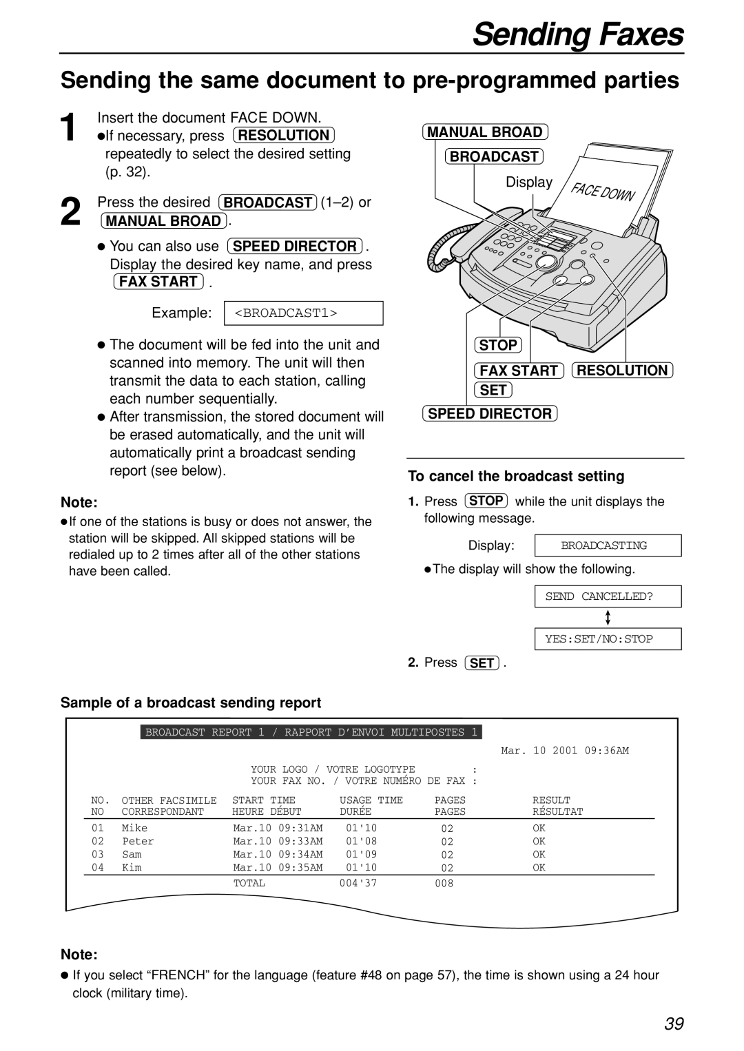 Panasonic KX-FL501C manual Sending the same document to pre-programmed parties, Manual Broad Broadcast 