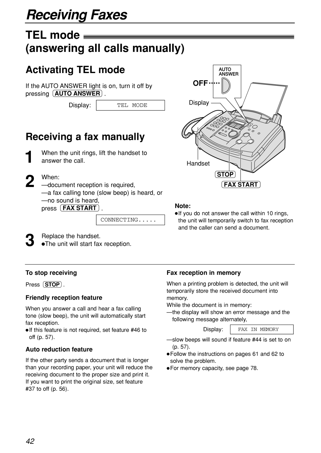 Panasonic KX-FL501C TEL mode Answering all calls manually, Activating TEL mode, Receiving a fax manually, Stop FAX Start 