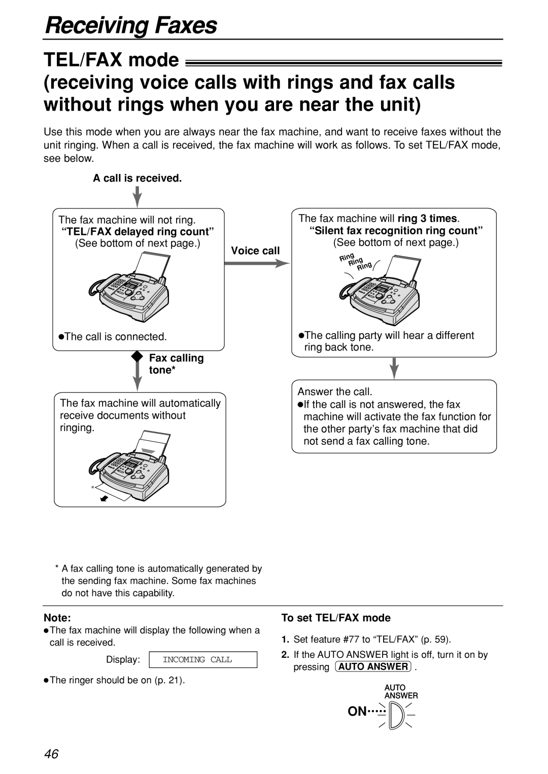 Panasonic KX-FL501C manual Call is received, TEL/FAX delayed ring count, Voice call, Silent fax recognition ring count 