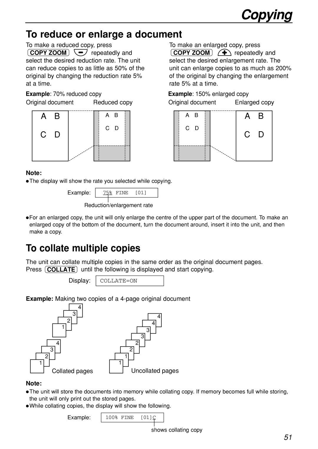 Panasonic KX-FL501C manual To reduce or enlarge a document, To collate multiple copies, Collate=On 