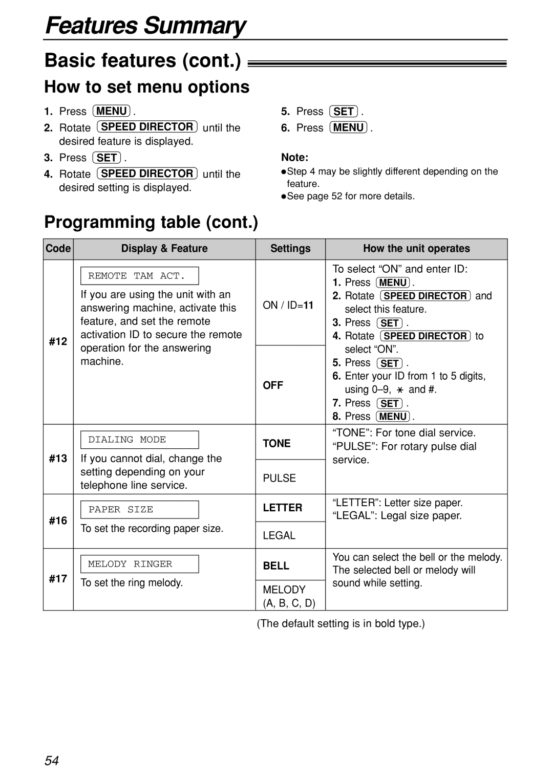 Panasonic KX-FL501C manual How to set menu options, Off, Tone, Letter, Bell 