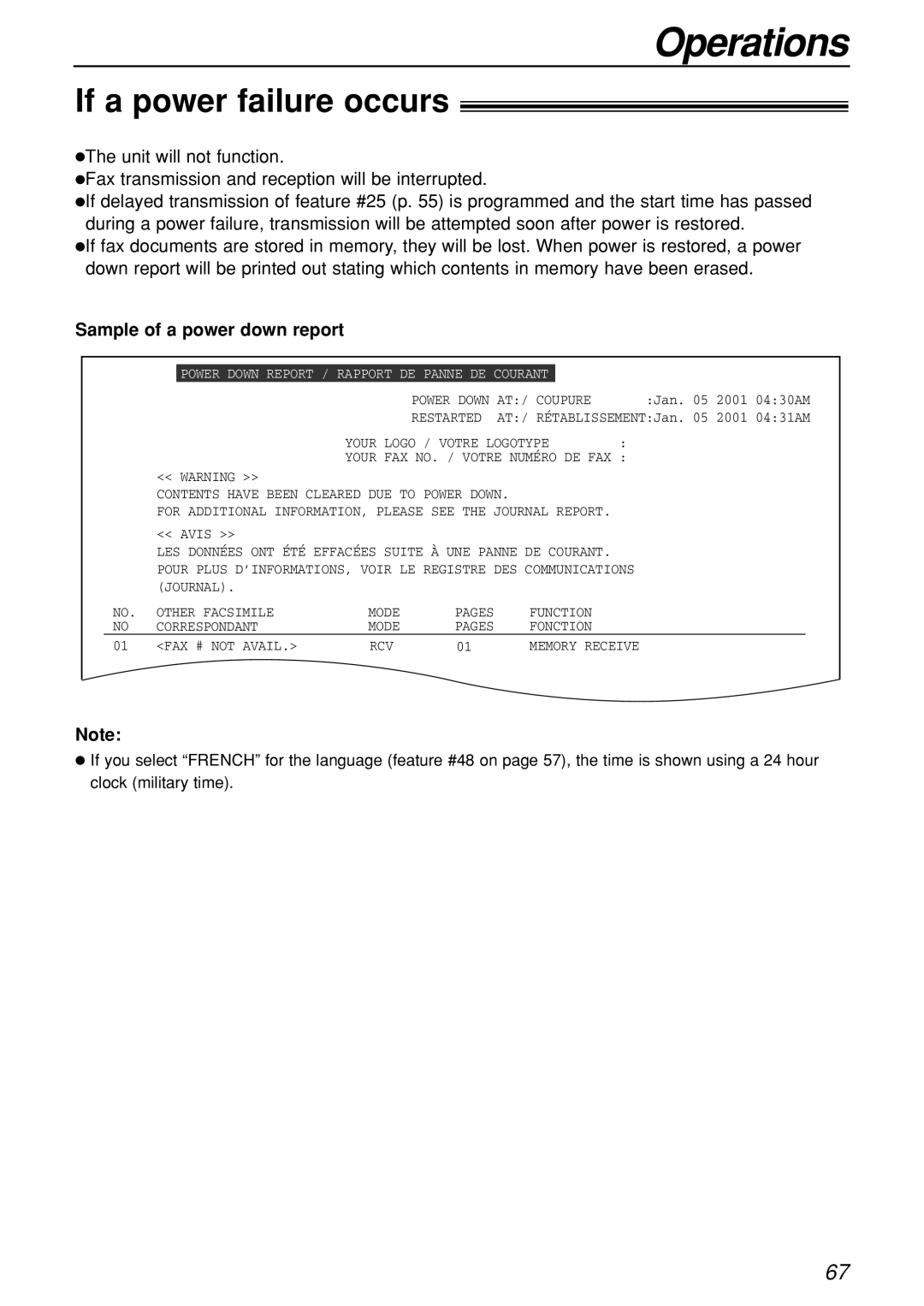 Panasonic KX-FL501C manual If a power failure occurs, Sample of a power down report 