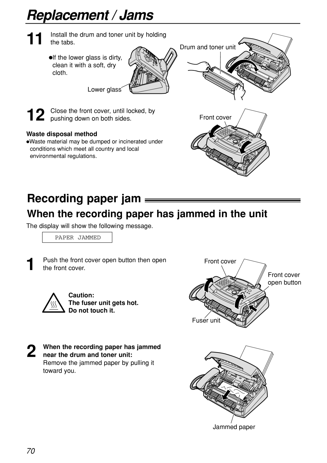 Panasonic KX-FL501C manual Replacement / Jams, Recording paper jam, When the recording paper has jammed in the unit 