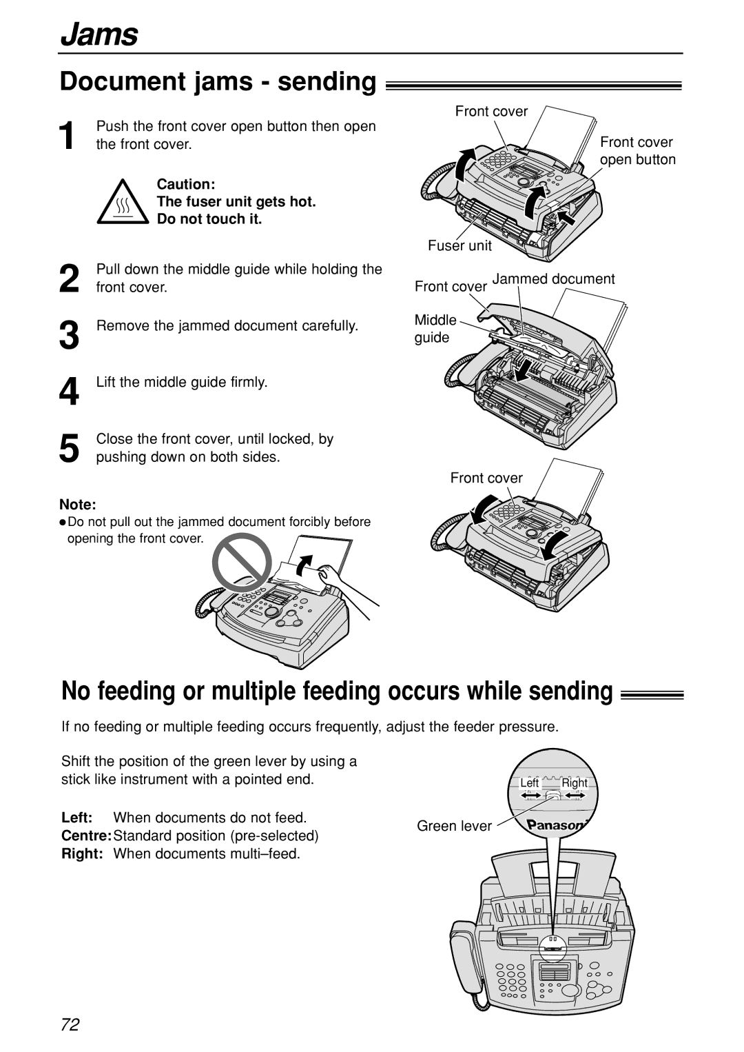 Panasonic KX-FL501C manual Document jams sending, No feeding or multiple feeding occurs while sending 