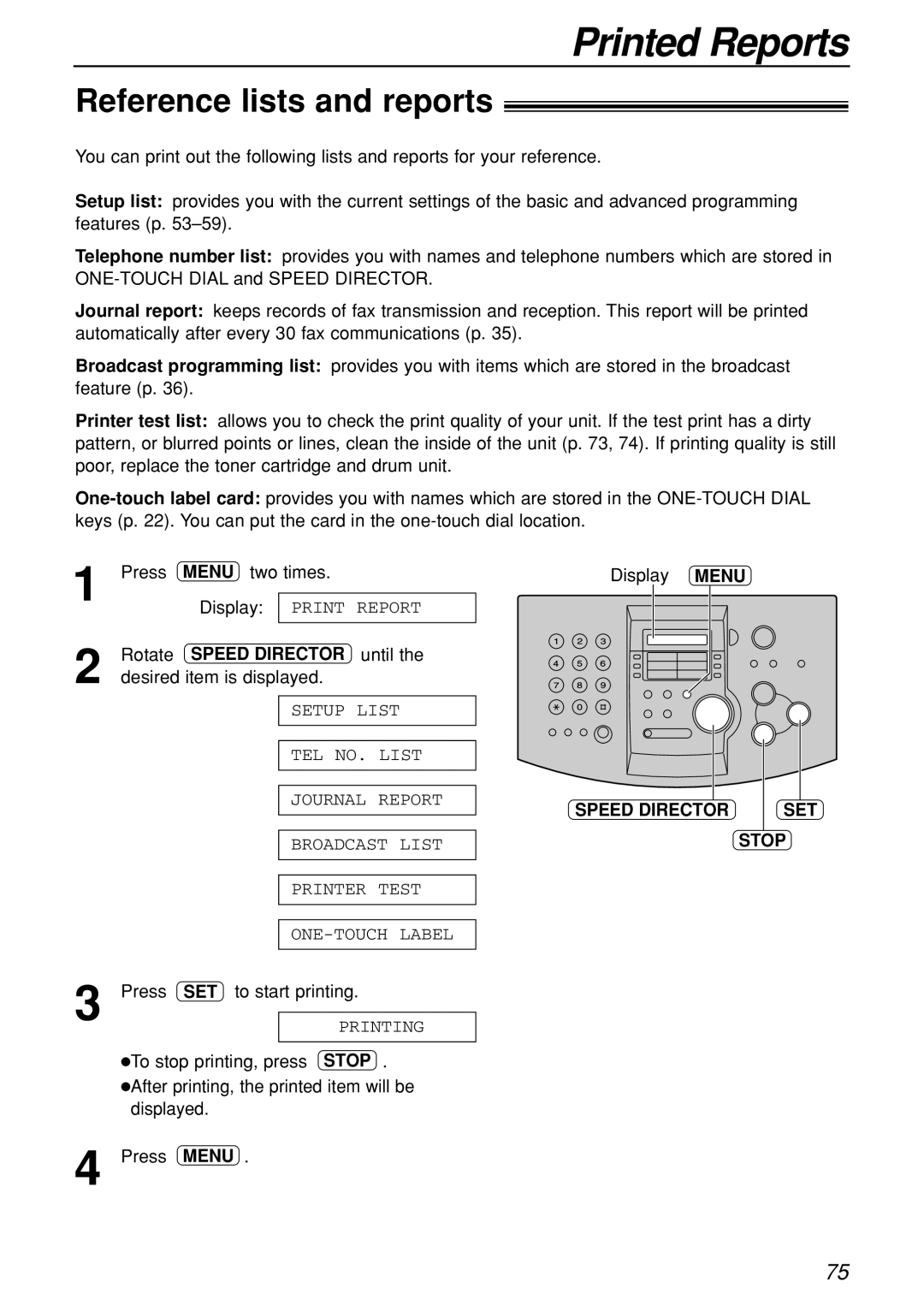 Panasonic KX-FL501C manual Printed Reports, Reference lists and reports 