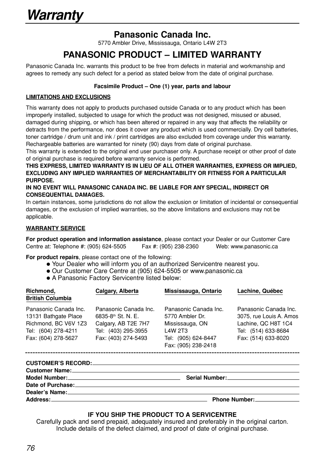 Panasonic KX-FL501C manual Warranty, If YOU Ship the Product to a Servicentre 