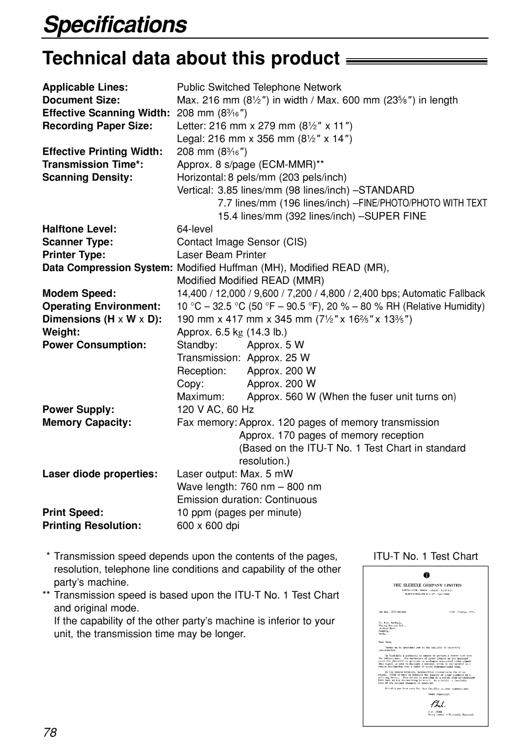 Panasonic KX-FL501C manual Specifications, Technical data about this product 