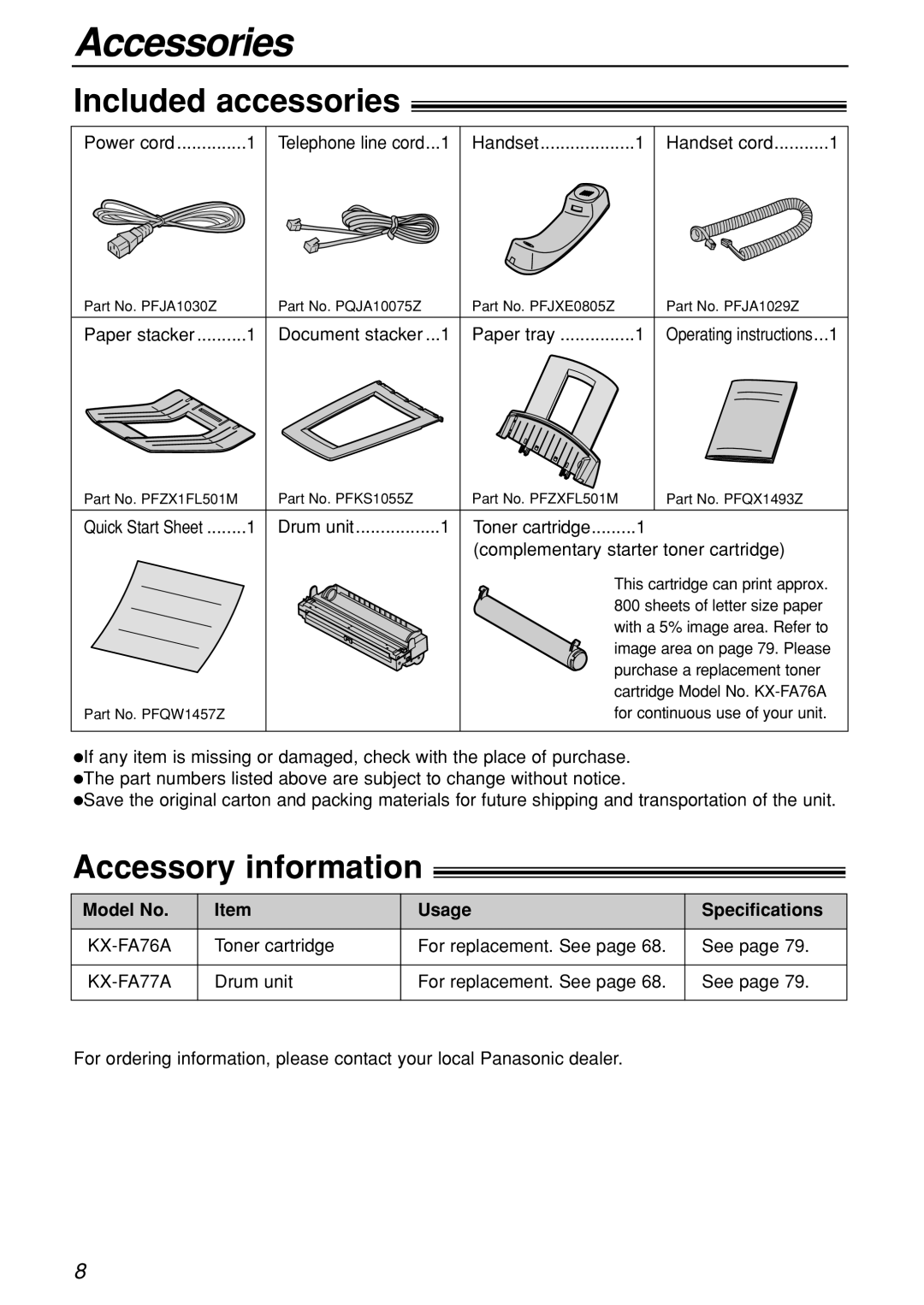 Panasonic KX-FL501C manual Accessories, Included accessories, Accessory information, Model No Usage Specifications 