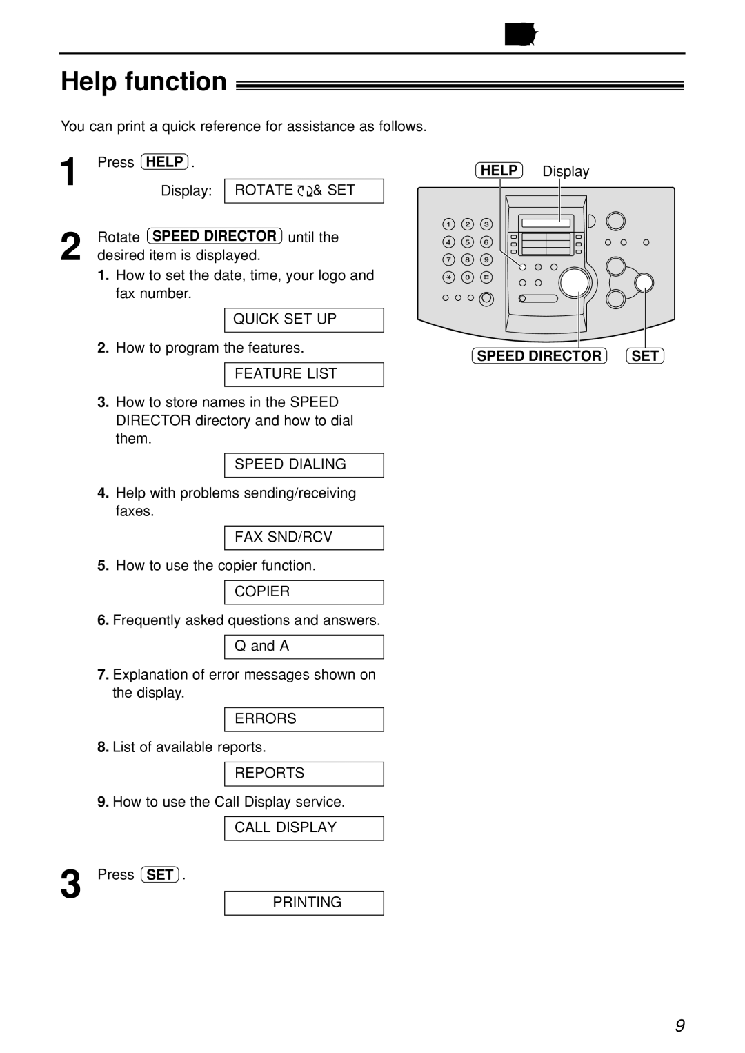 Panasonic KX-FL501C manual Help Button, Help function, Speed Director SET 