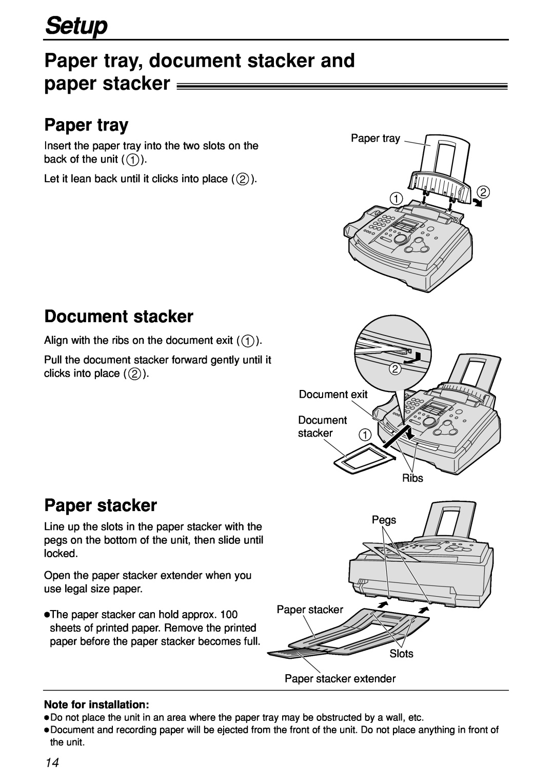 Panasonic KX-FL501C manual Paper tray, document stacker and paper stacker, Document stacker, Paper stacker, Setup 