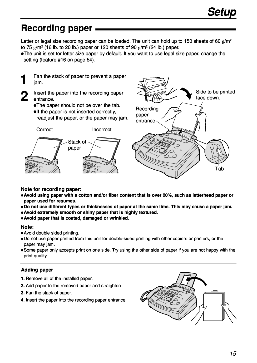 Panasonic KX-FL501C manual Recording paper, Setup, Note for recording paper, Adding paper 