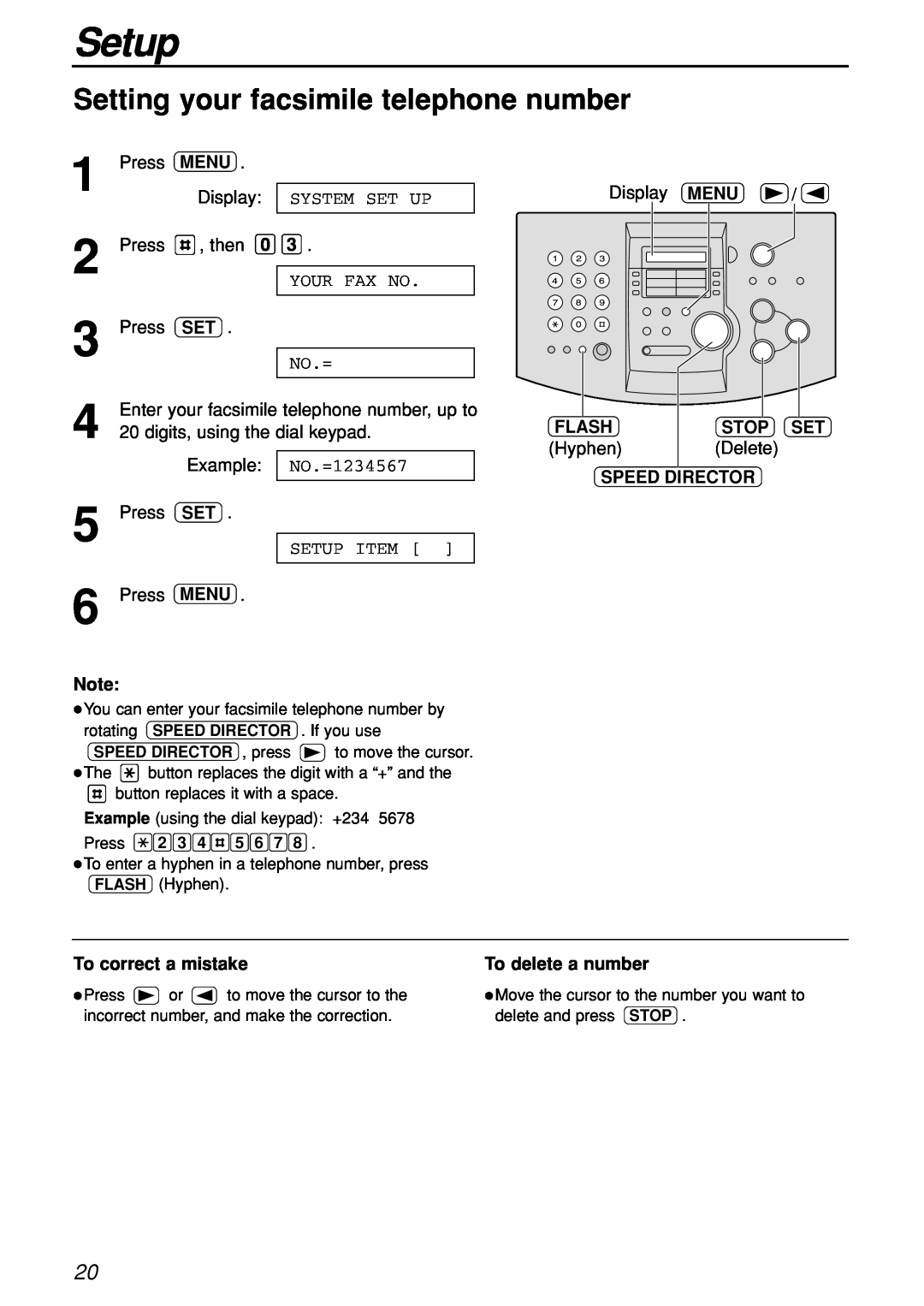 Panasonic KX-FL501C manual Setting your facsimile telephone number, Setup 