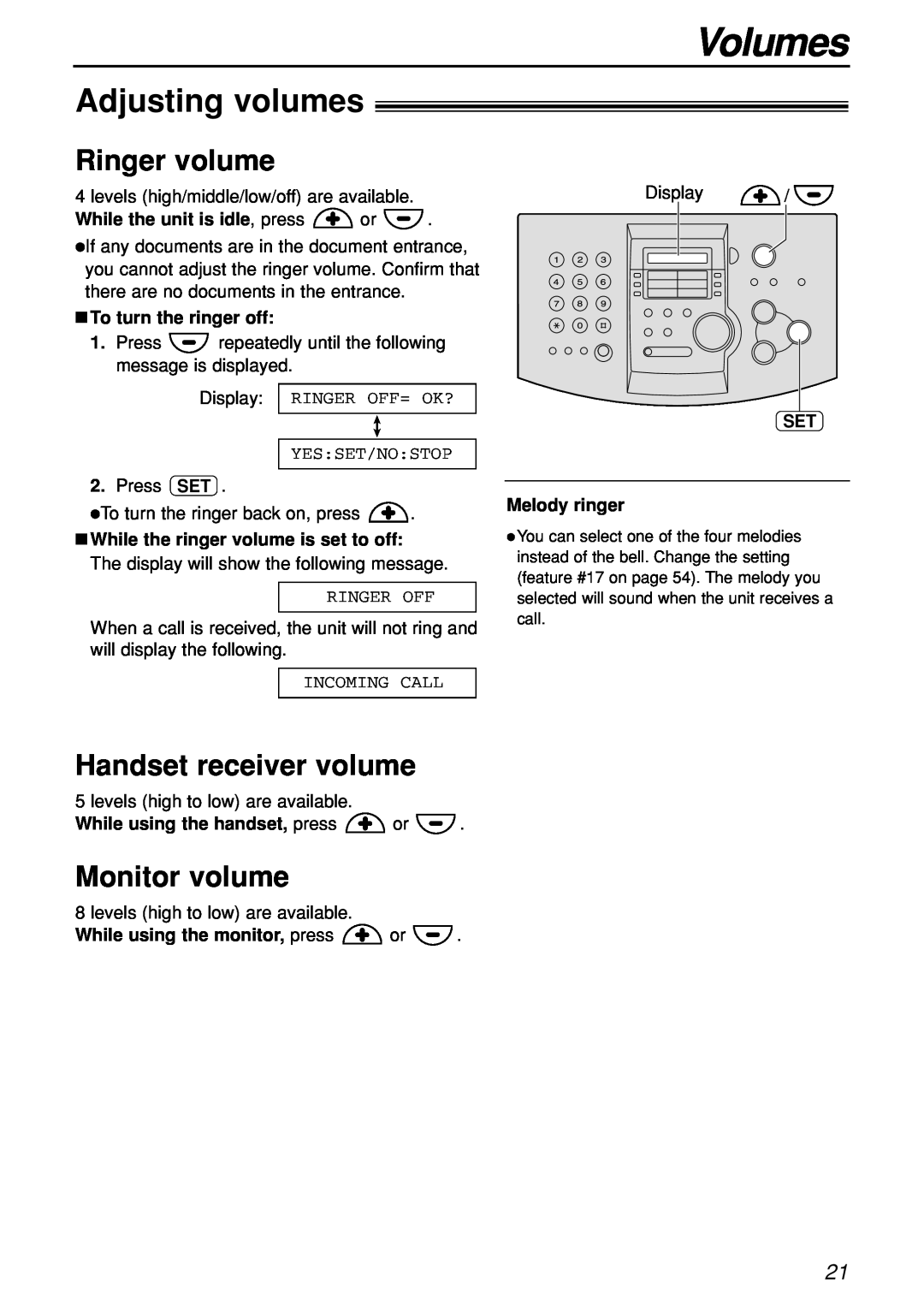 Panasonic KX-FL501C manual Volumes, Adjusting volumes, Ringer volume, Handset receiver volume, Monitor volume 