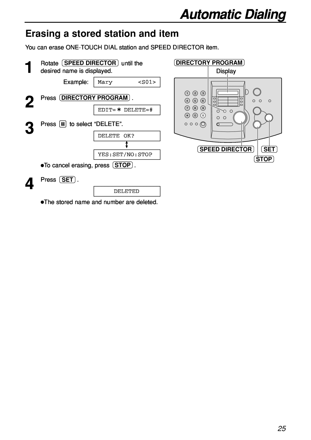 Panasonic KX-FL501C manual Erasing a stored station and item, Automatic Dialing 