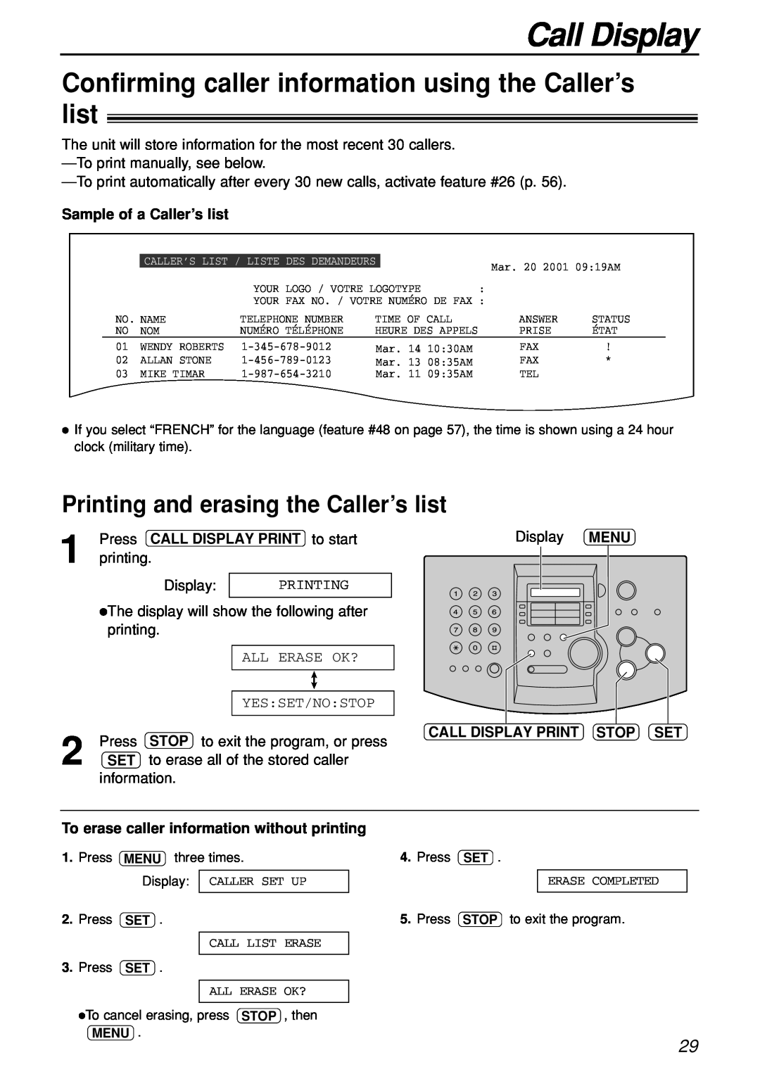 Panasonic KX-FL501C manual Confirming caller information using the Caller’s list, Printing and erasing the Caller’s list 