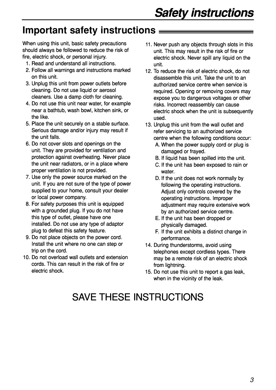 Panasonic KX-FL501C manual Safety instructions, Important safety instructions, Save These Instructions 