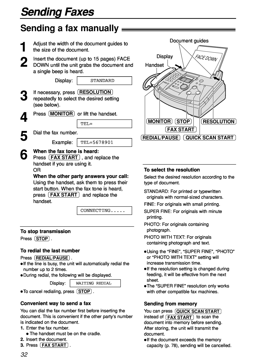 Panasonic KX-FL501C Sending Faxes, Sending a fax manually 