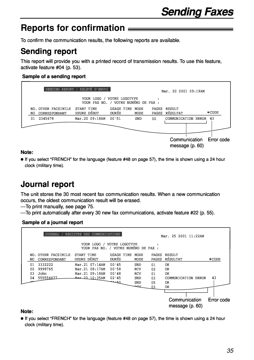 Panasonic KX-FL501C manual Reports for confirmation, Sending report, Journal report, Sending Faxes 