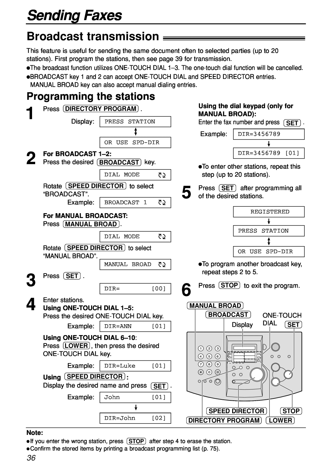 Panasonic KX-FL501C manual Broadcast transmission, Programming the stations, Sending Faxes 