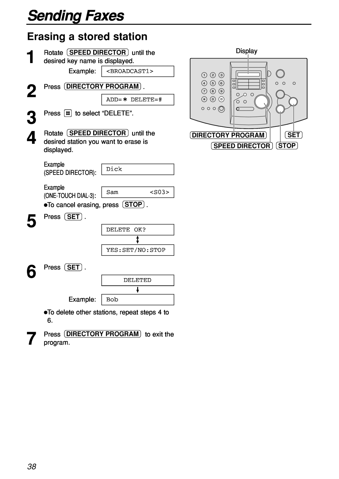 Panasonic KX-FL501C manual Erasing a stored station, Sending Faxes, Example ONE-TOUCH DIAL-3 