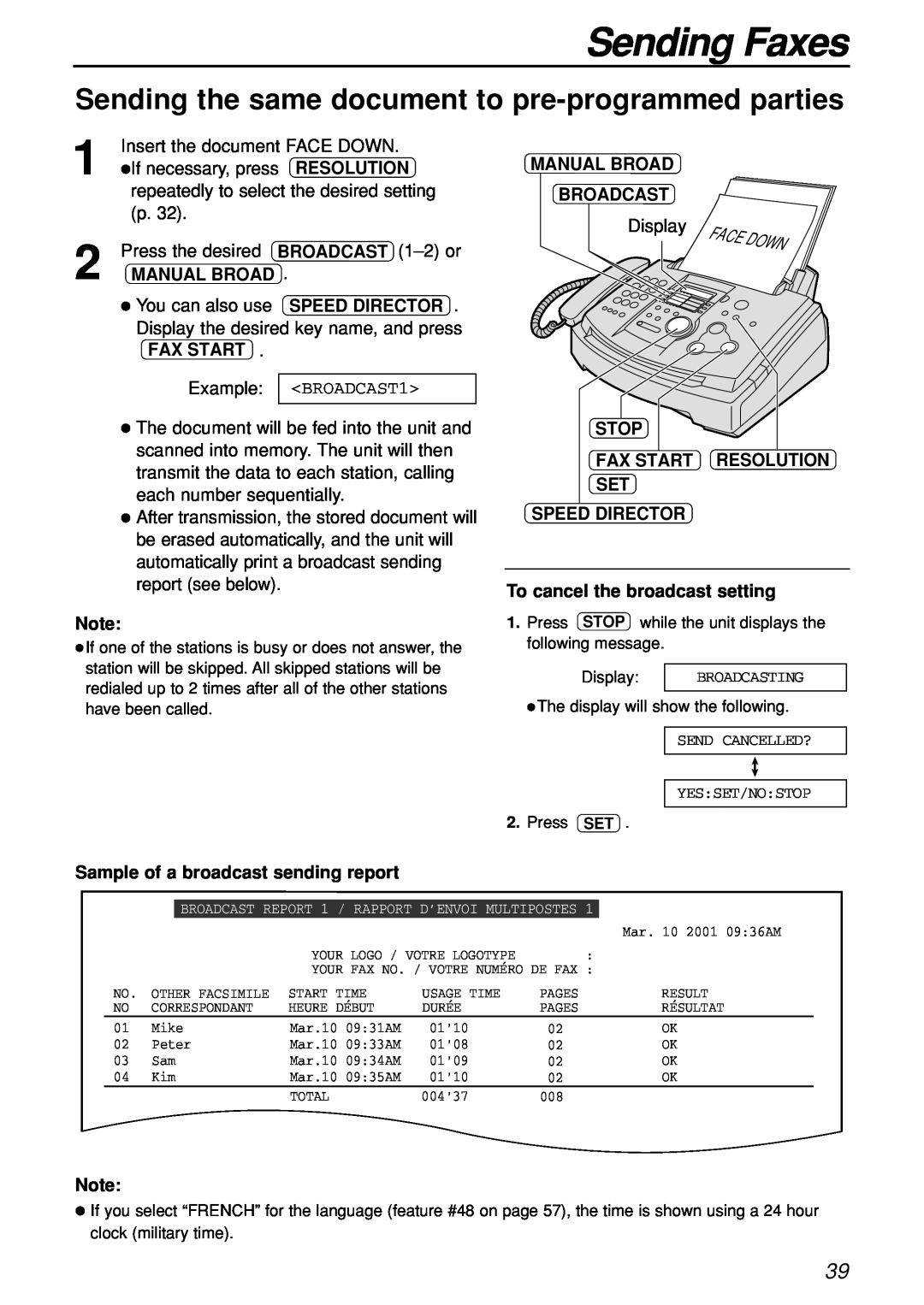 Panasonic KX-FL501C manual Sending the same document to pre-programmed parties, Sending Faxes, Example BROADCAST1 