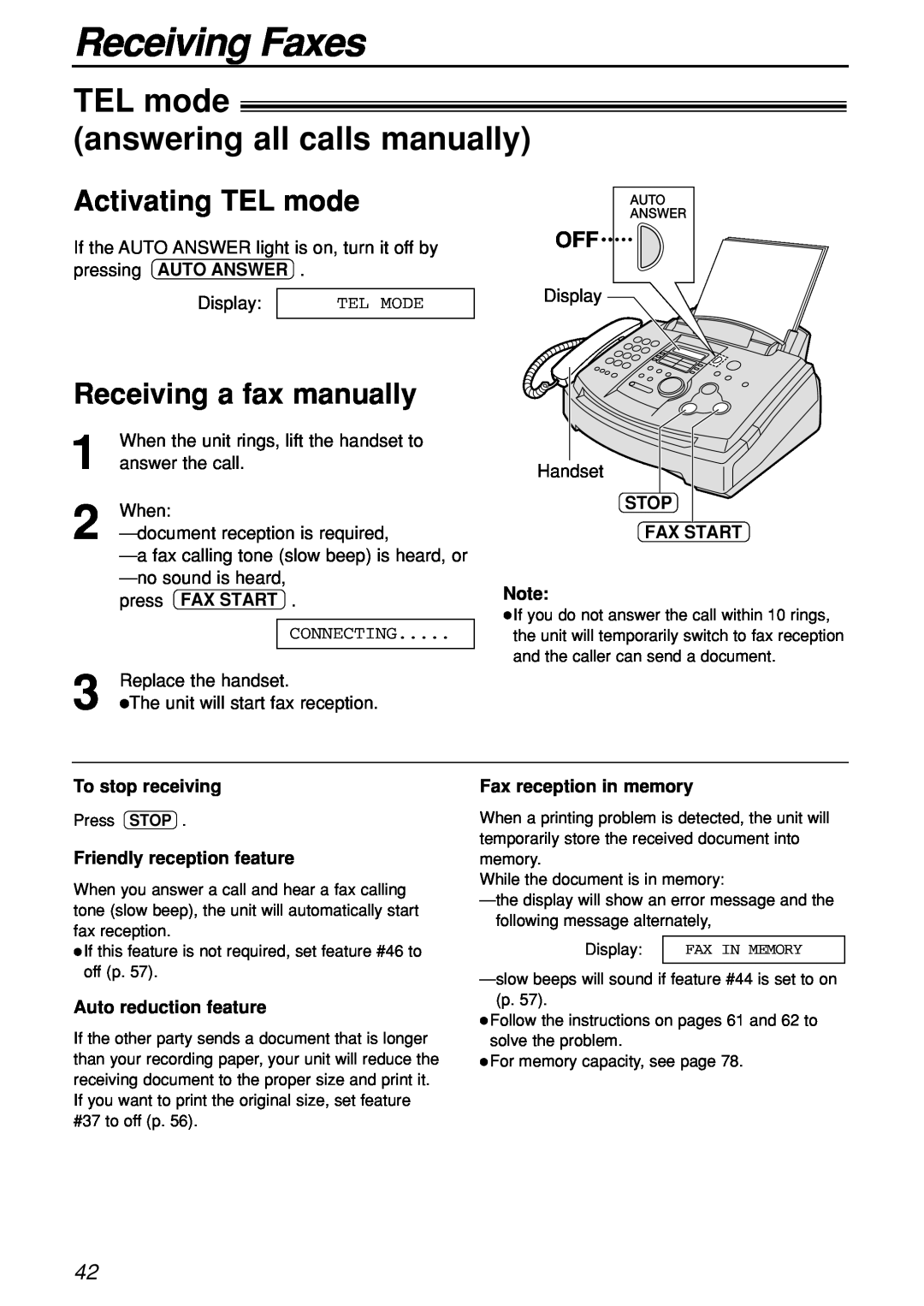 Panasonic KX-FL501C TEL mode answering all calls manually, Activating TEL mode, Receiving a fax manually, Receiving Faxes 