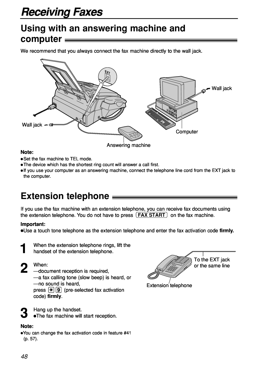 Panasonic KX-FL501C manual Using with an answering machine and computer, Extension telephone, Receiving Faxes 