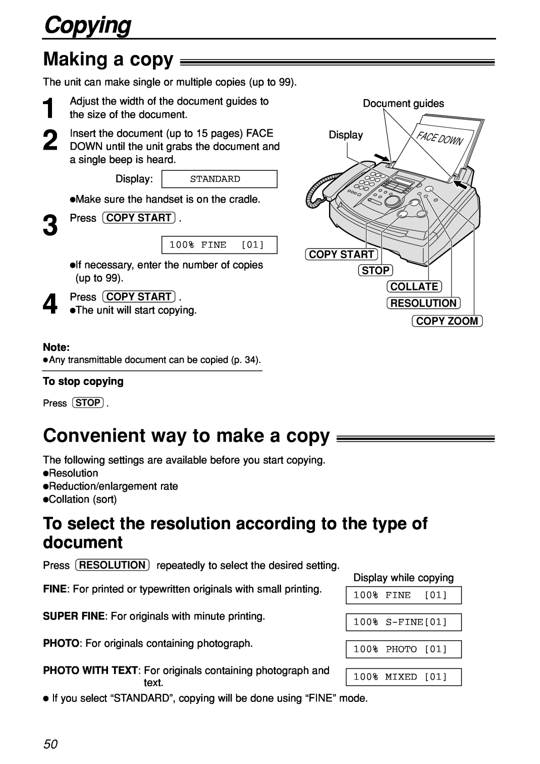 Panasonic KX-FL501C manual Copying, Making a copy, Convenient way to make a copy 